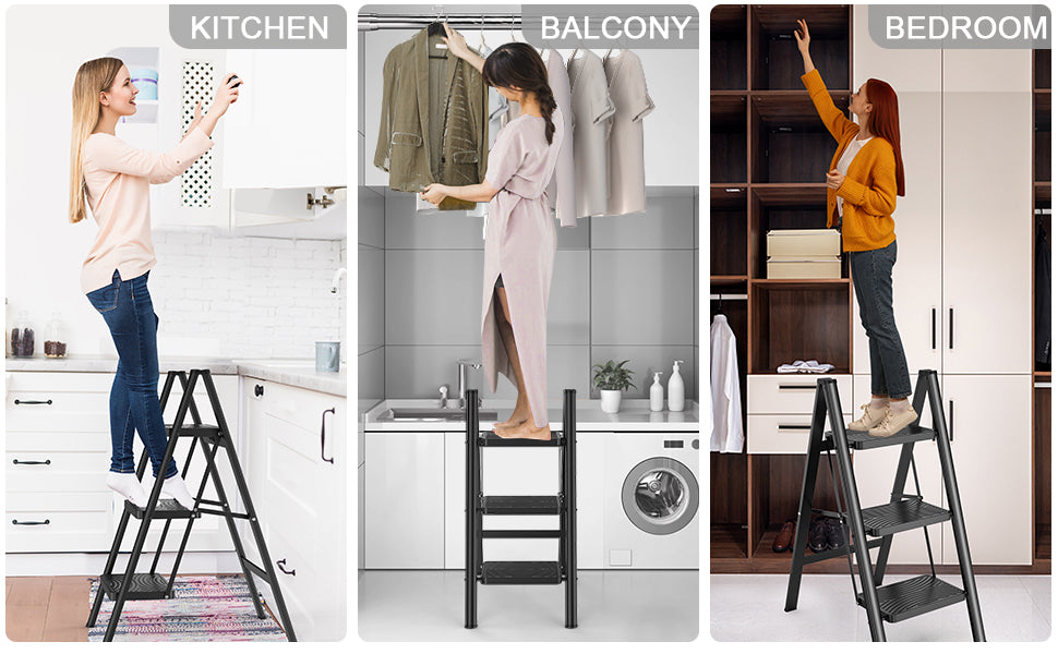 سُلَّم 3 درجات قابل للطي | قوي، آمن، وما كيشدّش بلاصة